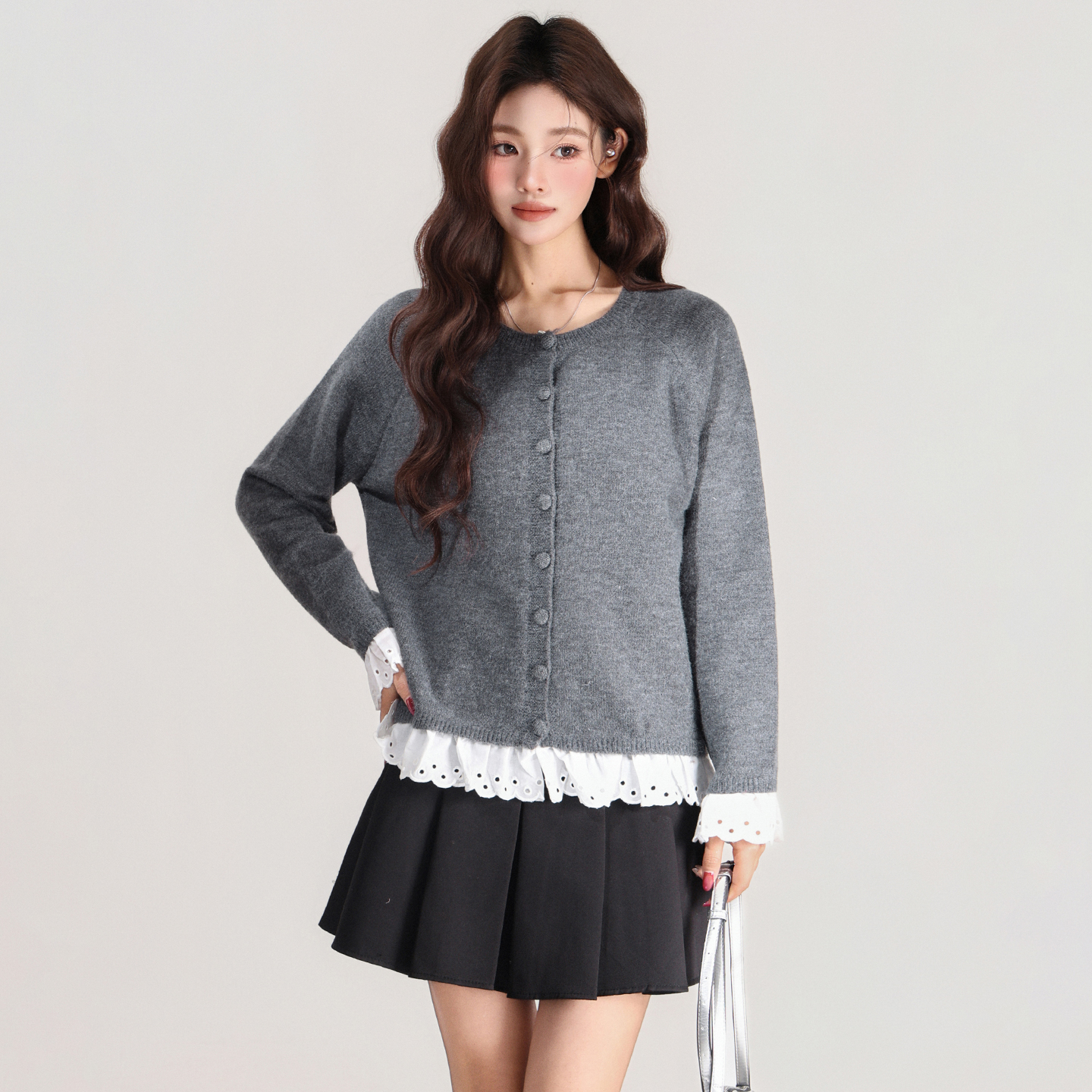 实拍实价韩系灰色蕾丝花边下摆针织长袖打底毛衣开衫秋加厚上衣女