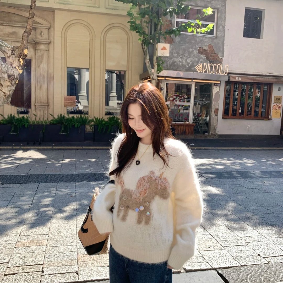 圣诞小马 新年毛衣粗支缎染亮片苏利羊驼毛内搭针织衫女冬