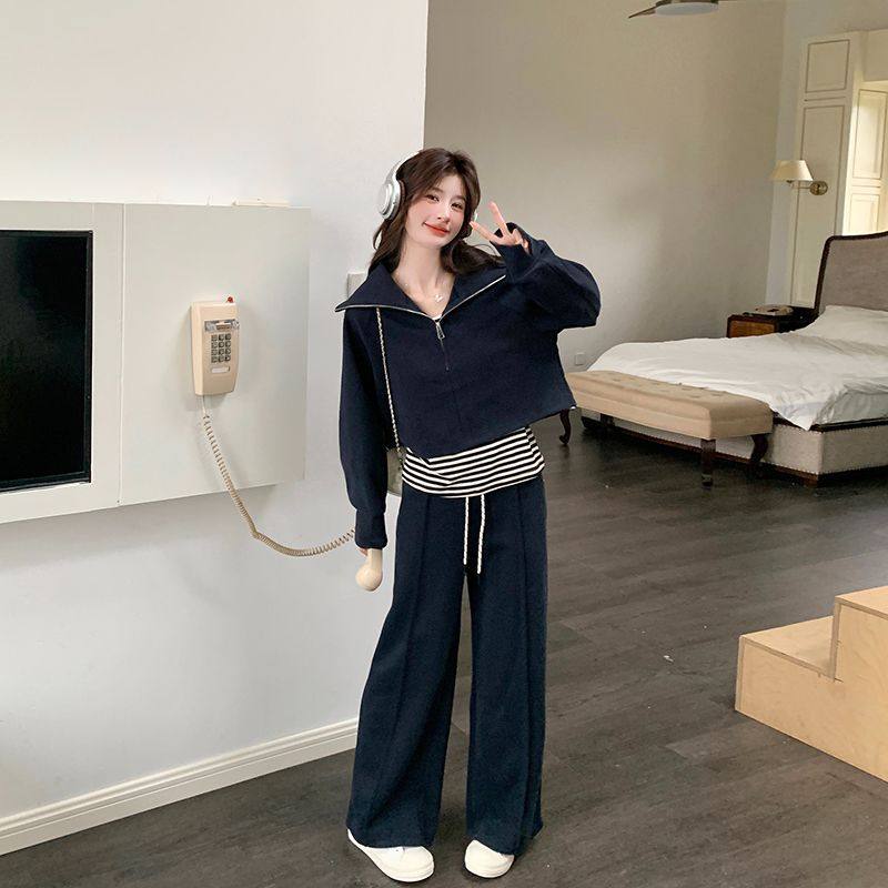 三件套韩系chic穿搭休闲运动卫衣套装女秋独特超火好看减龄阔腿裤