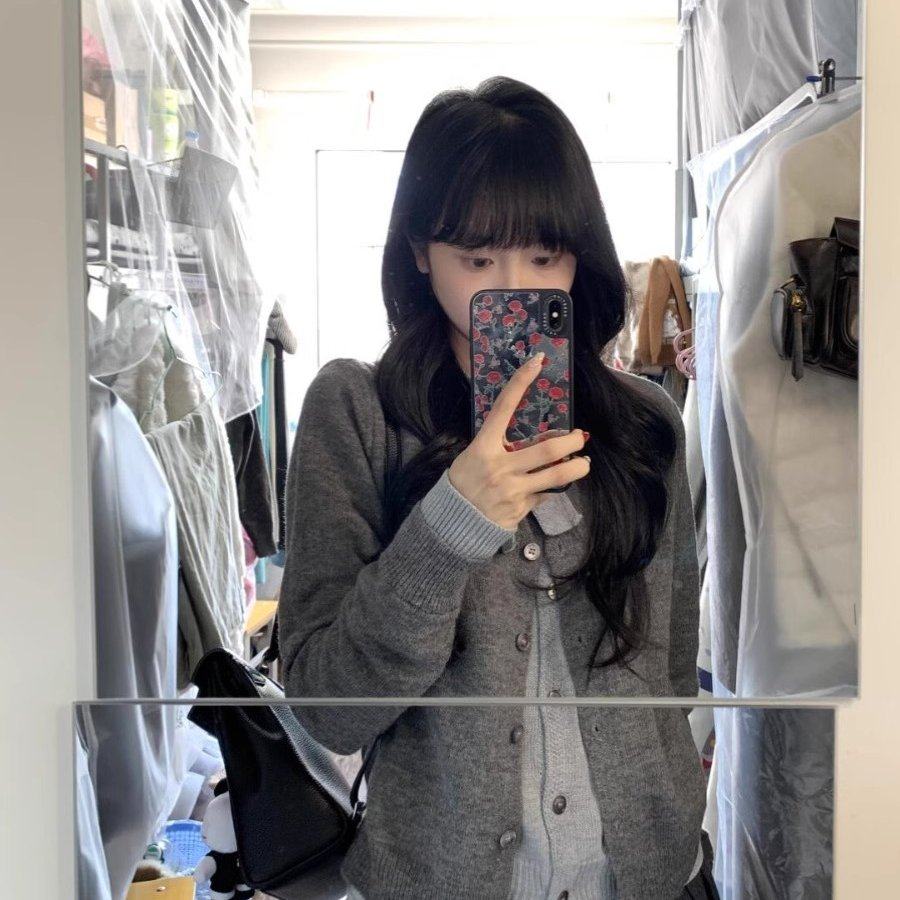 miu系穿搭灰色假两件蝴蝶结针织开衫女秋冬高级感慵懒风毛衣外套