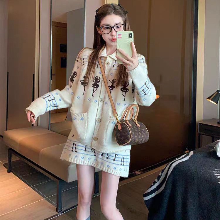 提花毛衣套装女2025新款秋冬季韩系慵懒复古休闲针织半身裙两件套