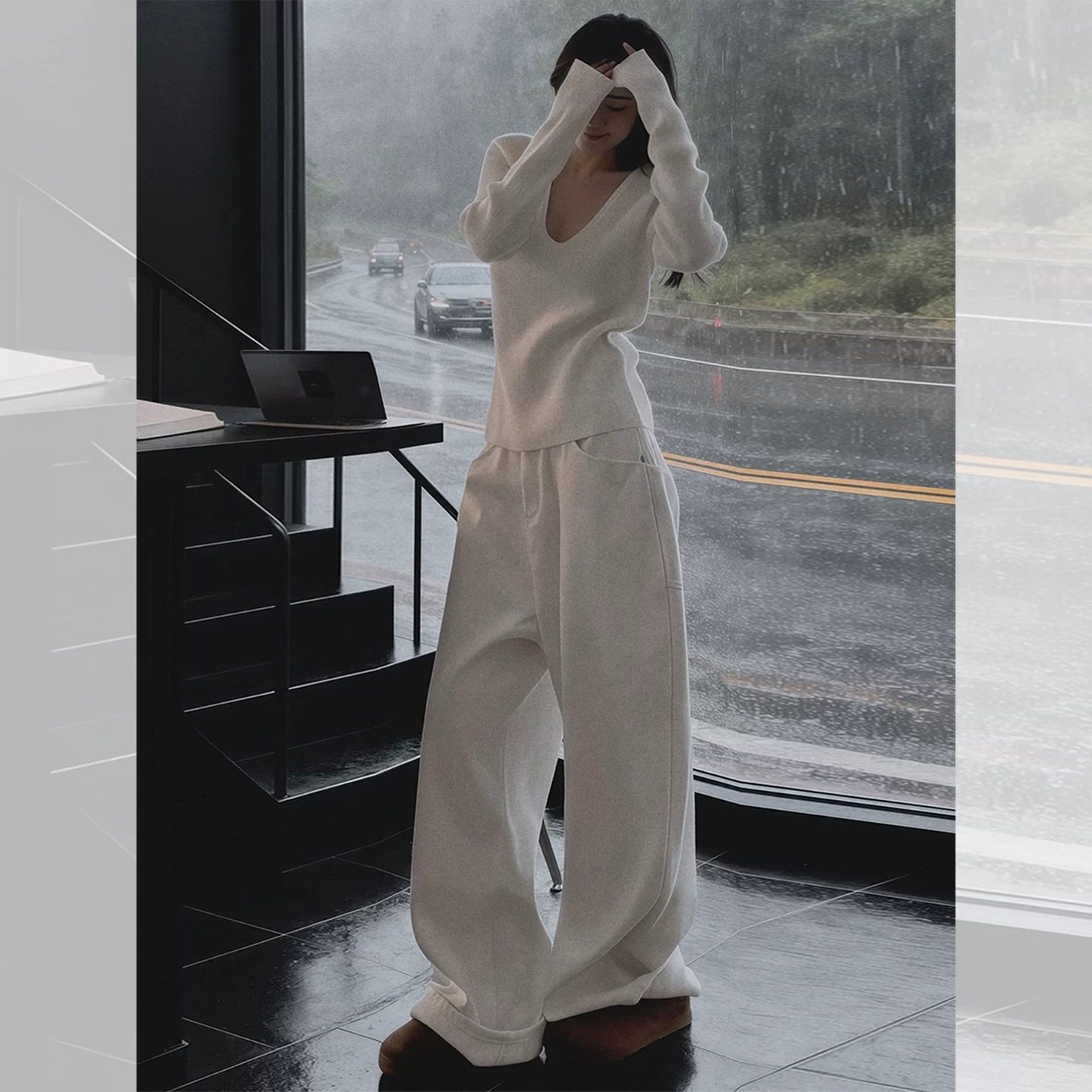 老钱风白色毛衣阔腿裤韩式早秋穿搭套装女2025巨好看的两件套冬装