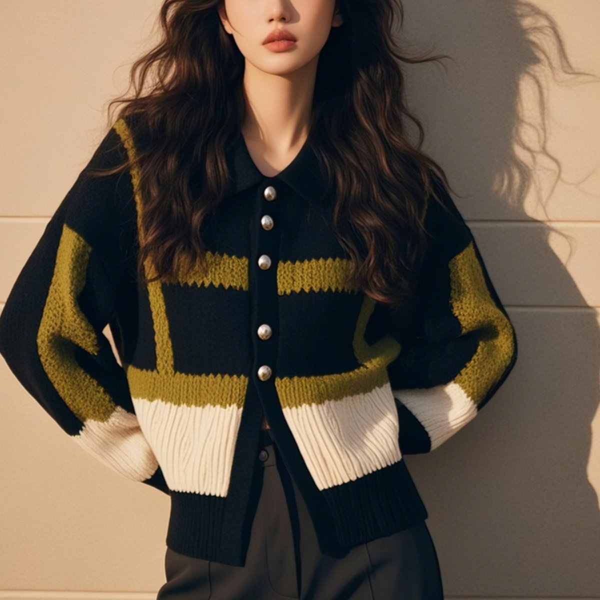 2025新款毛衣复古撞色设计感圆领小香风长袖针织开衫上衣