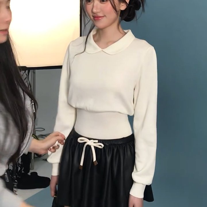 已到货 白色娃娃领长袖毛衣针织衫女秋冬新款百搭显瘦上衣打底