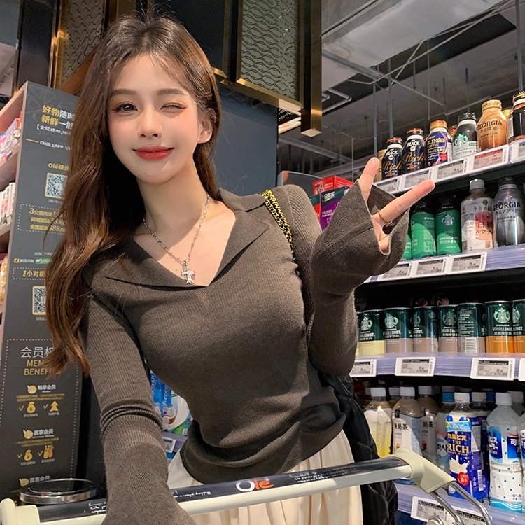 高级感V领栗棕色针织毛衣女2025秋冬甜辣修身别致polo领打底上衣