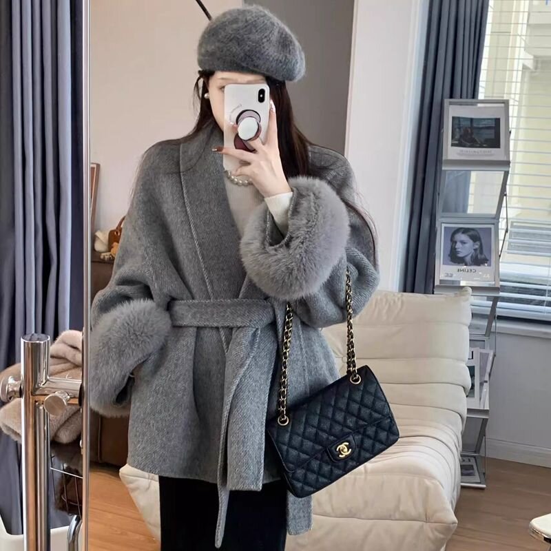 小香风韩系毛毛呢子风衣女装秋冬高级感气质小个子收腰毛呢外套