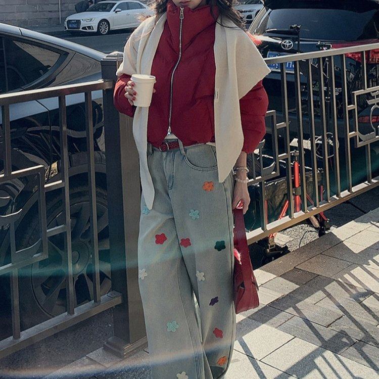 花朵刺绣阔腿牛仔裤女冬季韩系水洗高腰宽松百搭直筒长裤