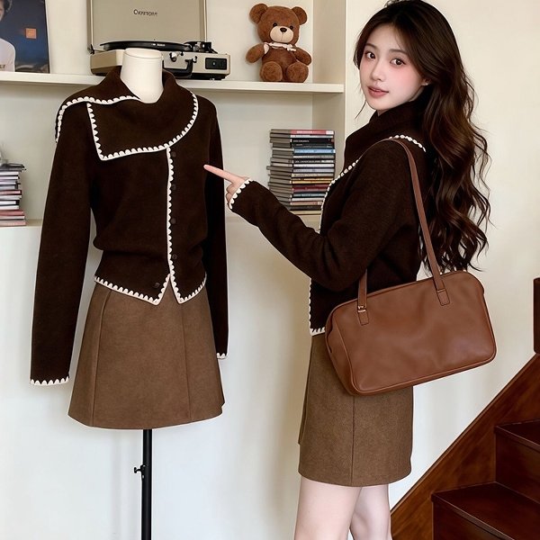 复古慵懒风围巾领撞色针织毛衣女秋冬高腰显瘦半身裙时尚两件套装