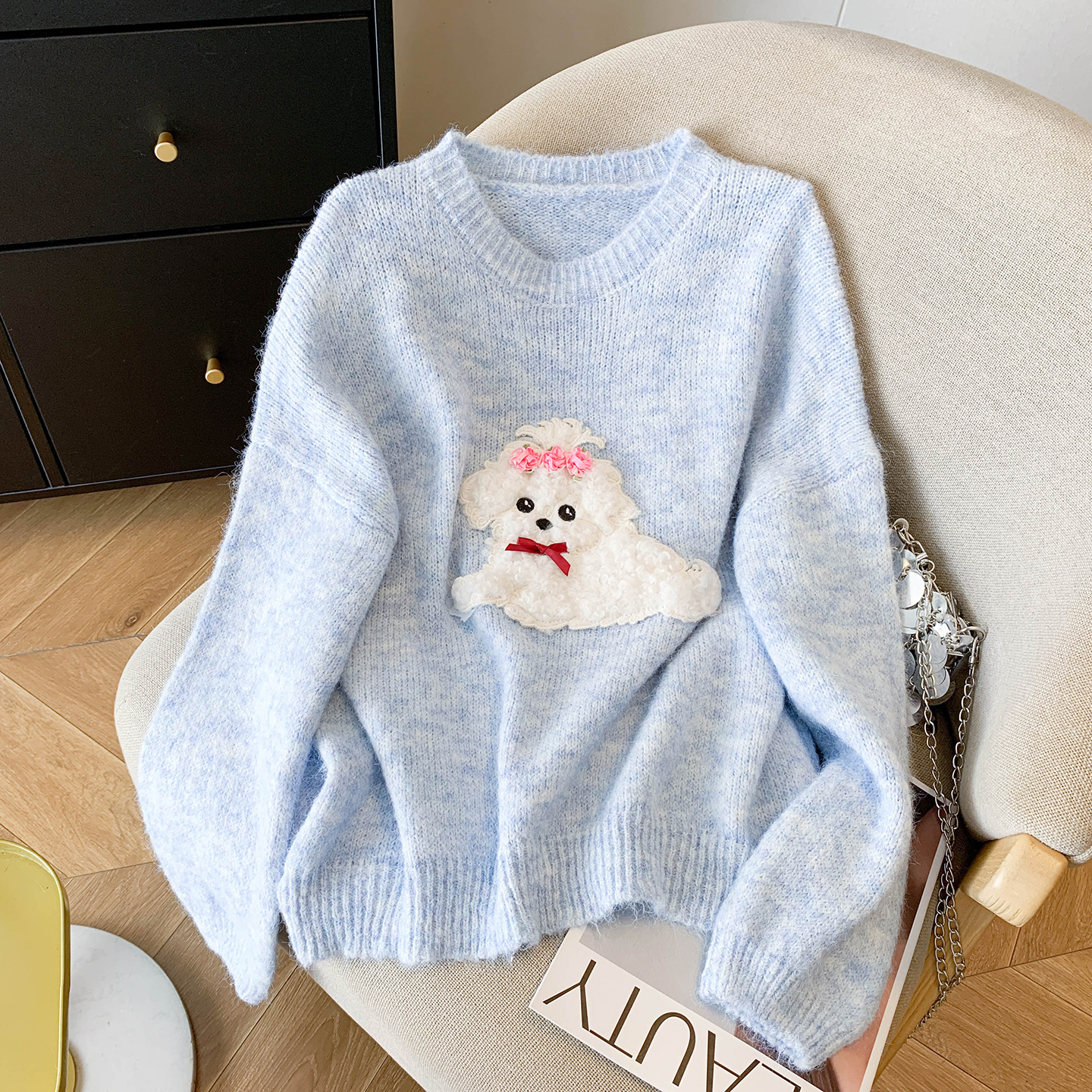 曾小咸 温柔设计感减龄蓝色毛衣女2025秋新款宽松显瘦针织衫上衣