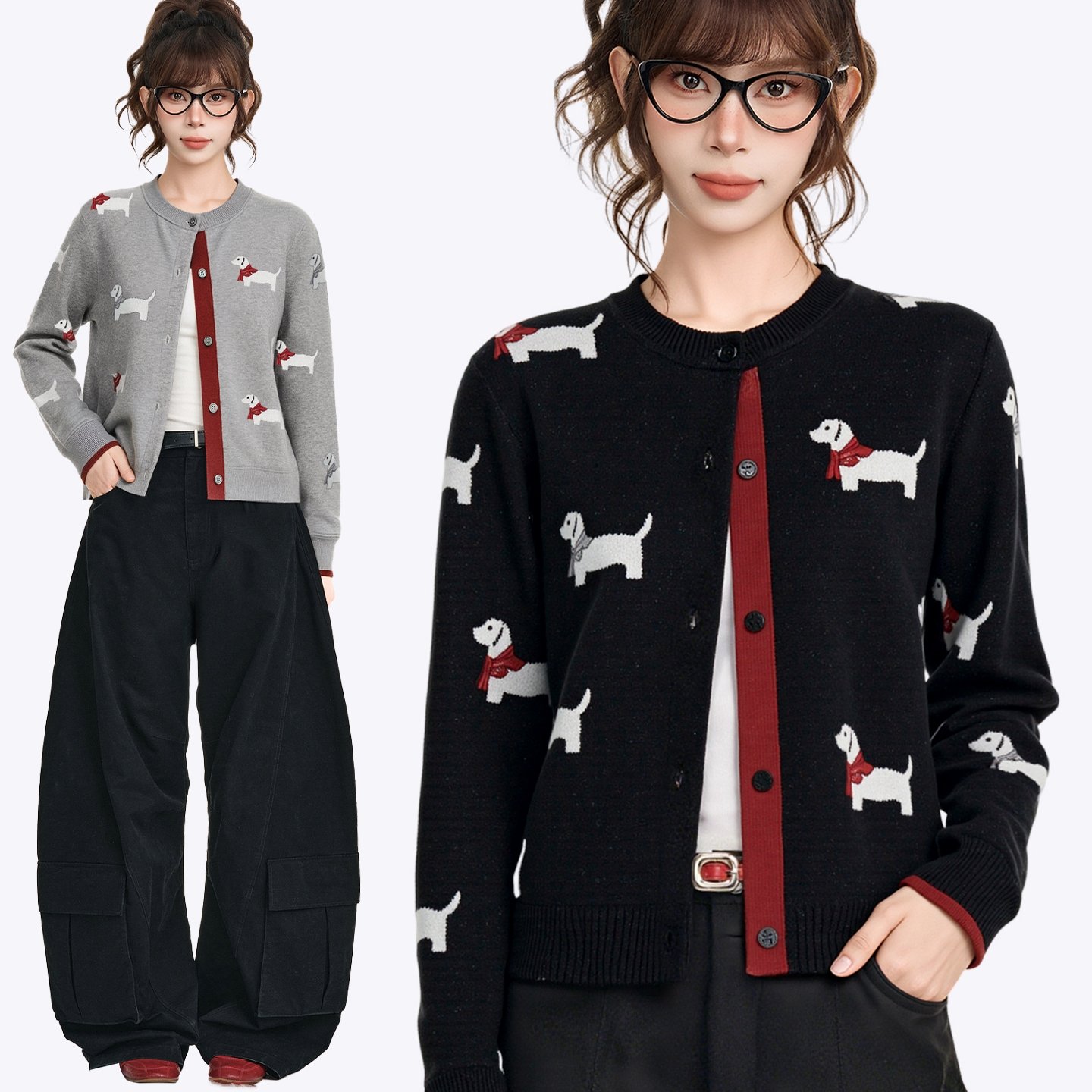 黑色小狗长袖针织开衫女早秋季2025新款宽松显瘦短款毛衣外套上衣