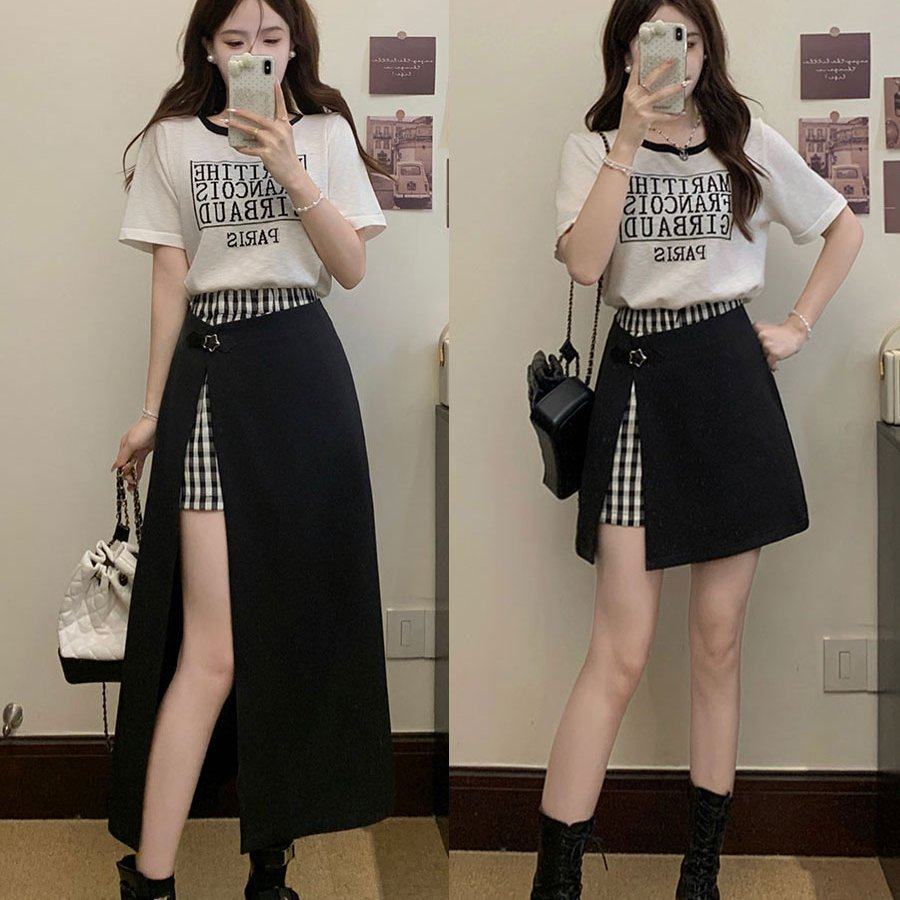 实拍2000件大码女装薄款竹节麻针织短袖显瘦假两件裙裤胖MM