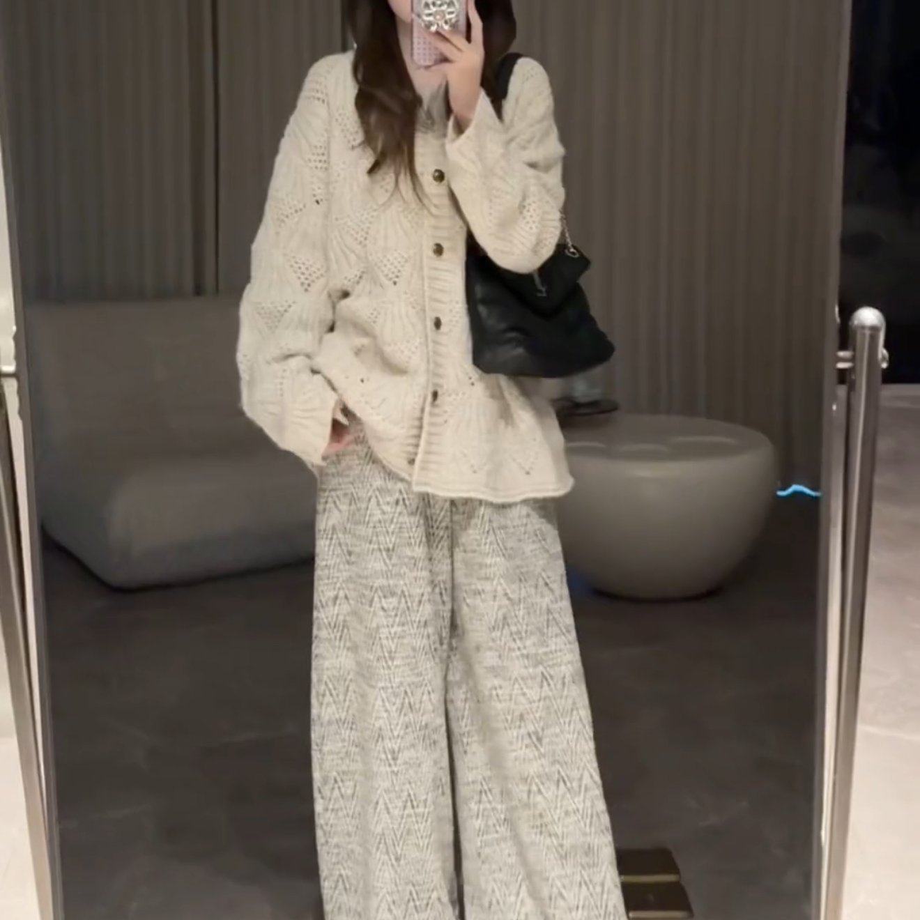 chic韩系镂空针织衫毛衣秋冬季设计感小众显瘦宽松上衣加阔腿长裤