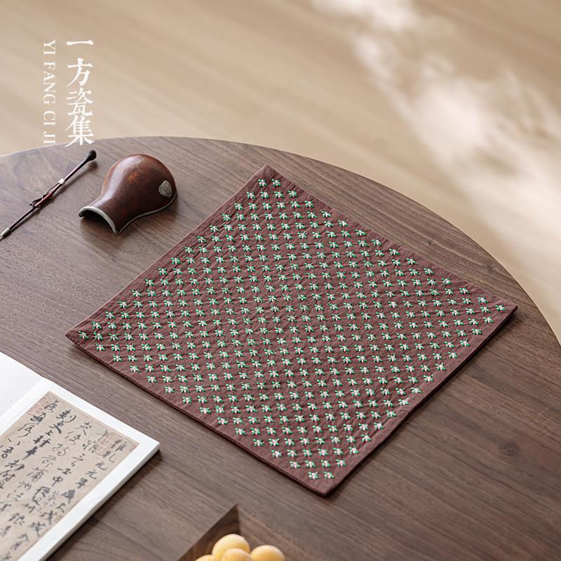 手工刺子绣茶席新中式干泡茶垫复古茶桌隔热垫中式布艺防水垫子