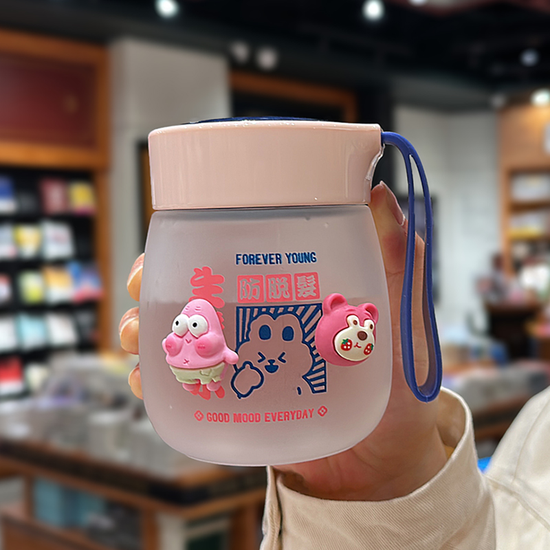 小巧网红磨砂玻璃刻度水杯子女高颜值学生夏日便携耐热可爱大肚杯