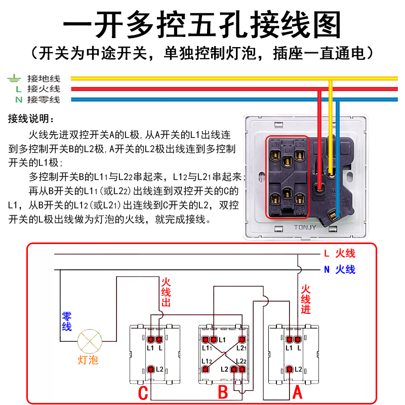 86型银灰色一开多控五孔插座暗装1开5孔中途三控开关三联开关面板