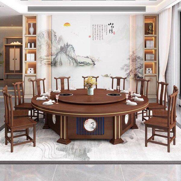 新中式酒店实木电动餐桌椅组合带转盘电磁炉火锅桌饭店包厢用现代