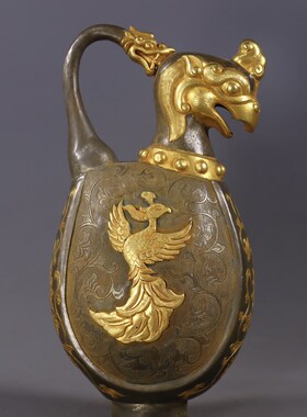 臻品旧藏纯手工錾刻唐代时期局部X鎏金凤口壶