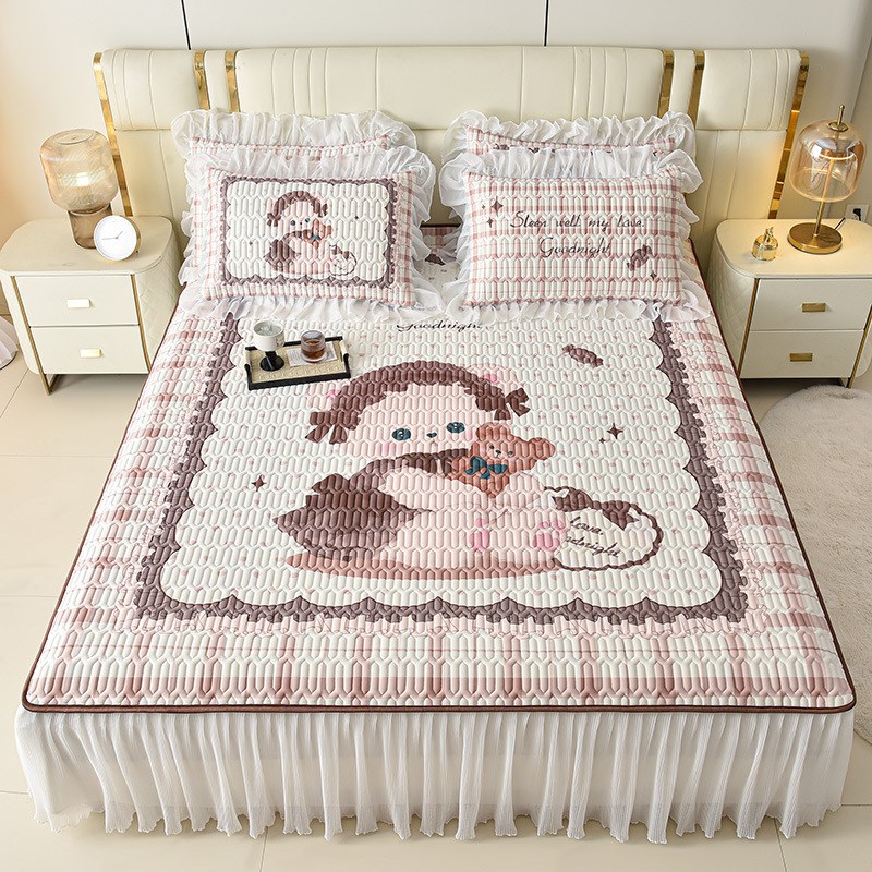 新款凉感丝印花i床裙款乳胶凉席三件套网红款单人床两件套舒爽不