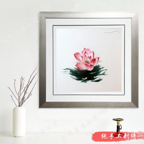 汴绣精品 莲花荷花和和美美纯手工刺绣 挂件工艺物实木清新简约