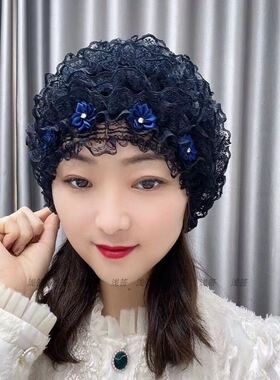 新款2024年遮白发头巾新款蕾丝薄款美人帽女纱巾回族老人包头帽子