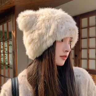 可爱猫耳朵帽子女款2025冬天毛线帽加厚防寒保暖毛绒皮草帽毛毛帽