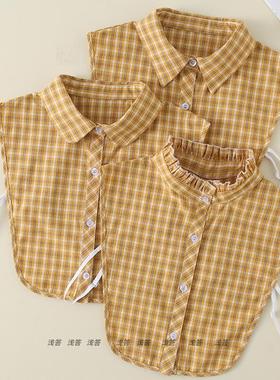 新品圆领木耳边黄色衣领衬衫秋冬假领子女尖领格子立领棉学生B537