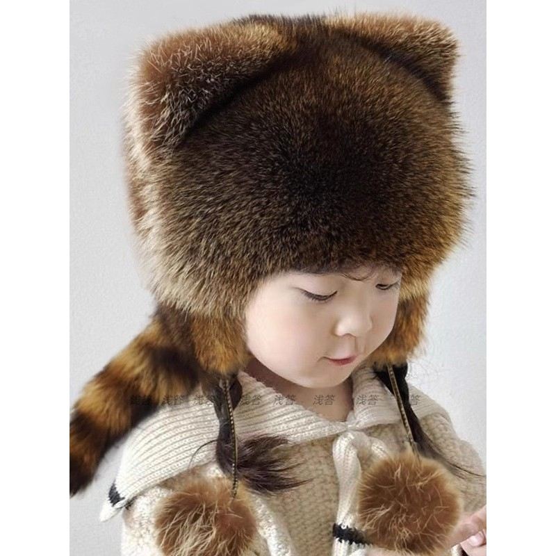 网红东北哈尔滨儿童帽子秋冬季天皮草小浣熊护耳帽雷锋霸王帽保暖