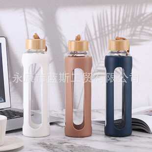 新款镂空硅胶套竹盖玻璃水杯550ml小口耐热高硼硅单层玻璃杯子批