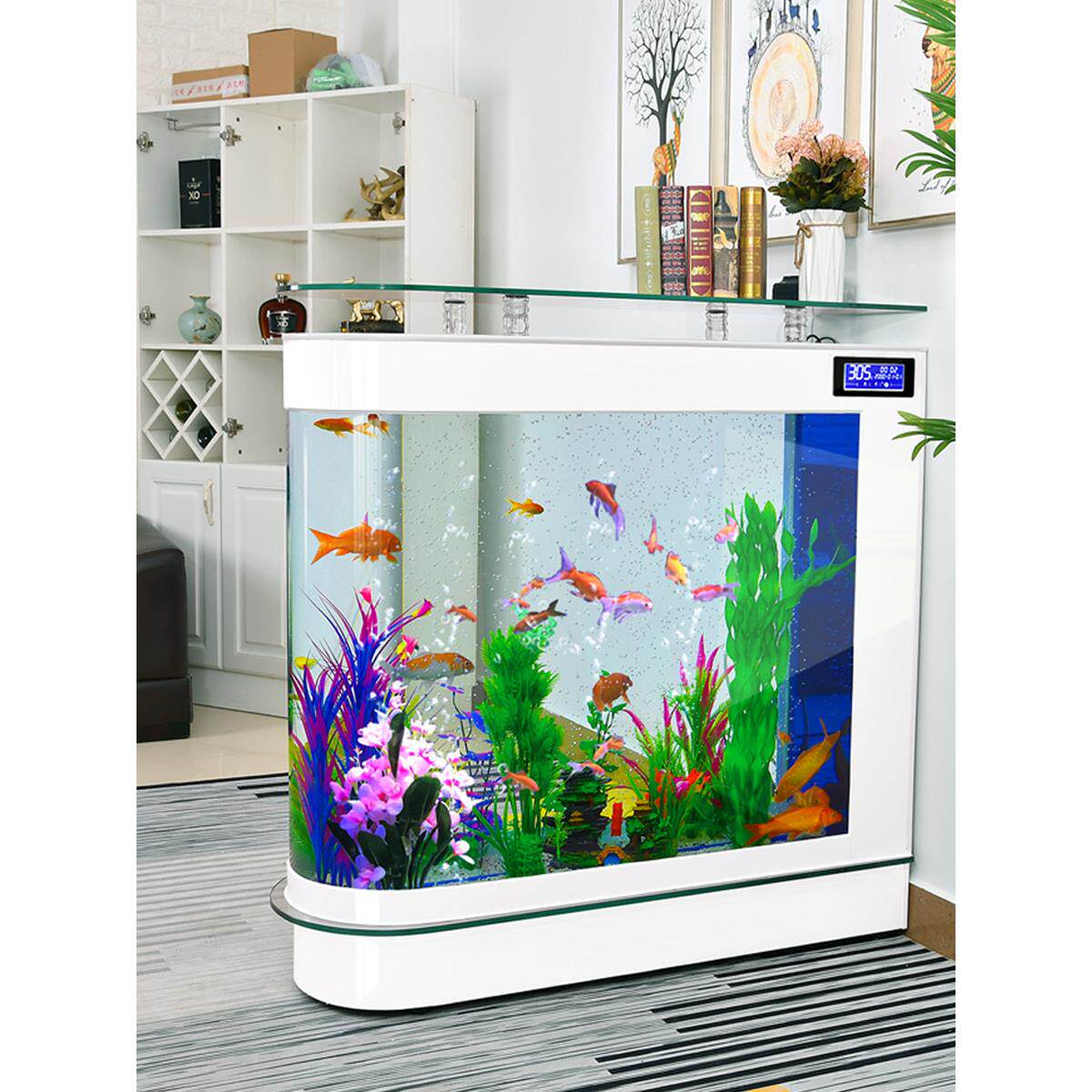 子弹头鱼缸客厅家用中型水族箱玻璃1.2米1.5米生态落地屏风鱼缸