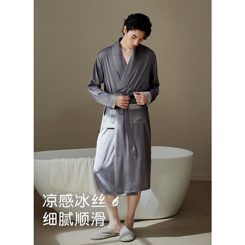 高端2026新款真丝绸男士睡袍春秋款冰丝长袖睡衣浴袍大尺码一体式