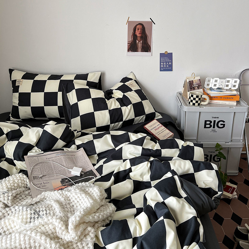黑白~棋盘格四件套水洗r棉1.8床上用品被套单双大学生宿舍三件套