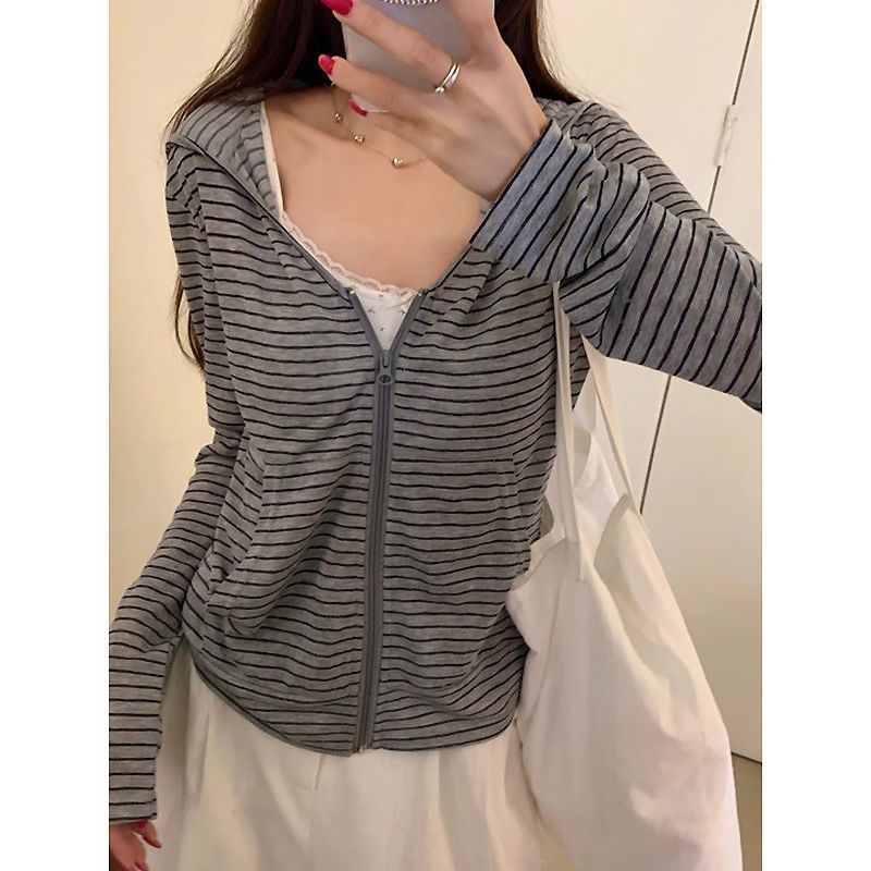 连帽条纹拉链长袖T恤上衣女