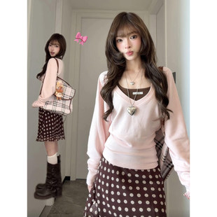 韩系慵懒风轻熟套装女早秋季粉色长袖上衣波点包臀裙子穿搭一整套