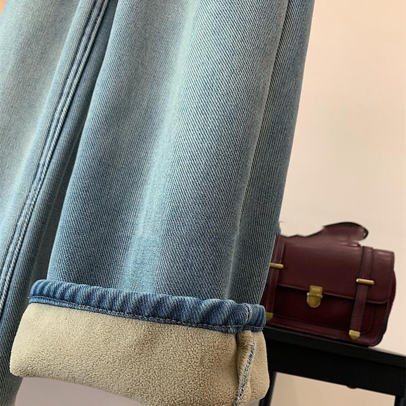 女童直筒加绒牛仔裤阔腿裤冬中大童装一体绒休闲长裤喇叭百搭宽松