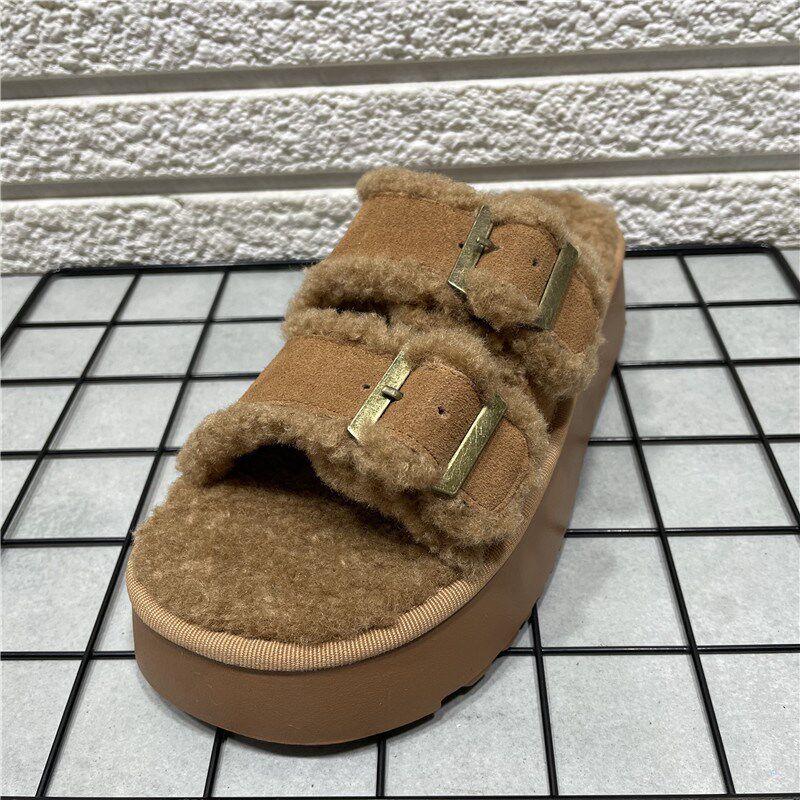 断码处理真皮松糕厚底勃肯毛毛鞋女外穿2024新款冬季毛茸茸棉拖鞋