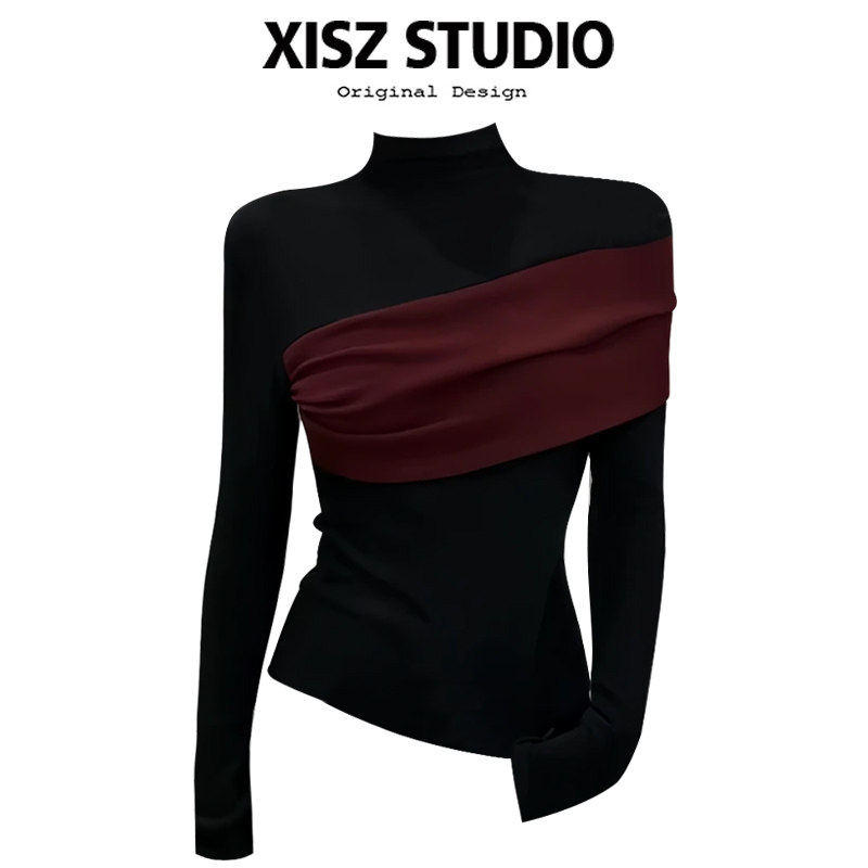 气质洋派不规则打底衫女春夏新款半高领套头显瘦撞色拼接内搭上衣