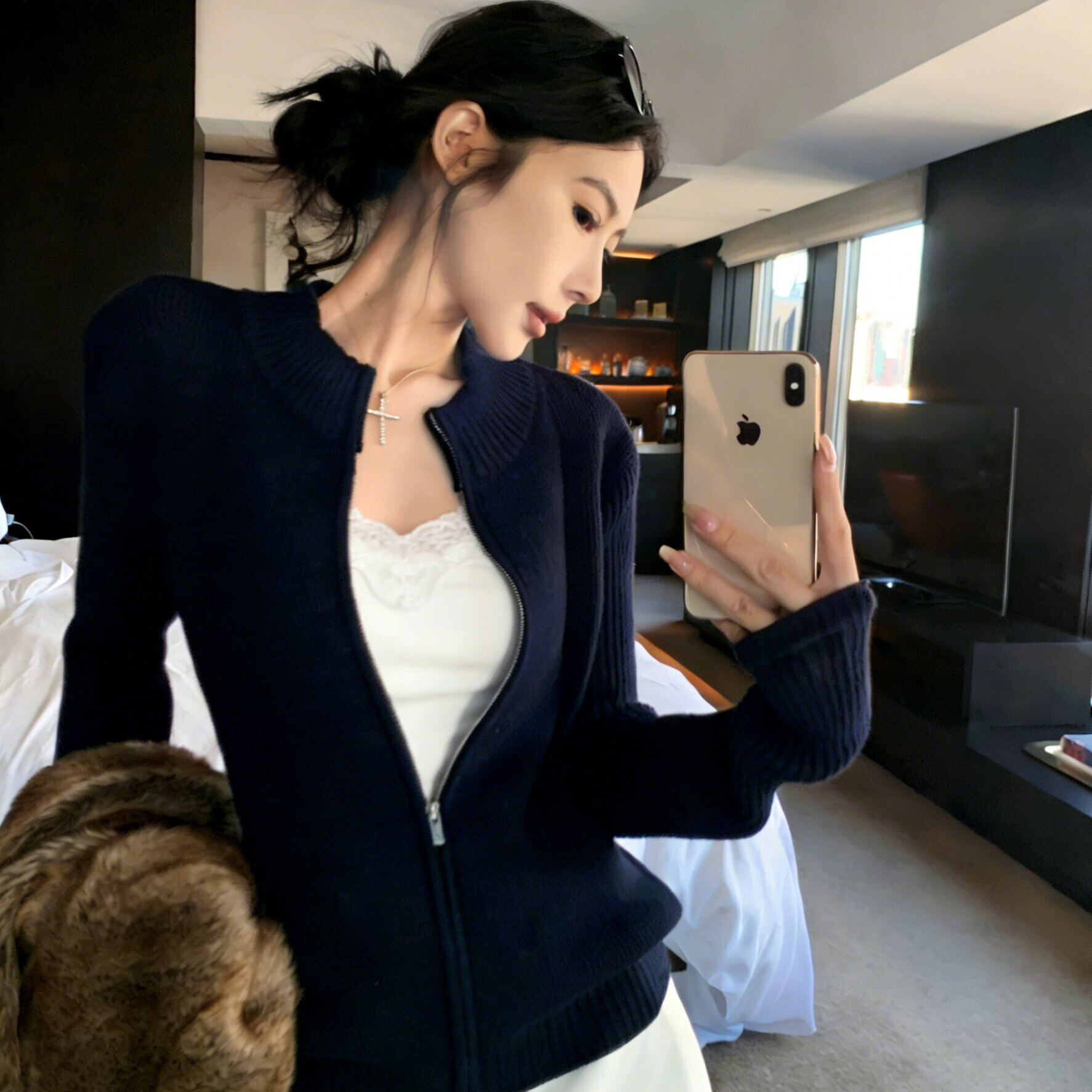 美式立领拉链针织开衫女春秋老钱风穿搭修身显瘦毛衣外套长袖上衣