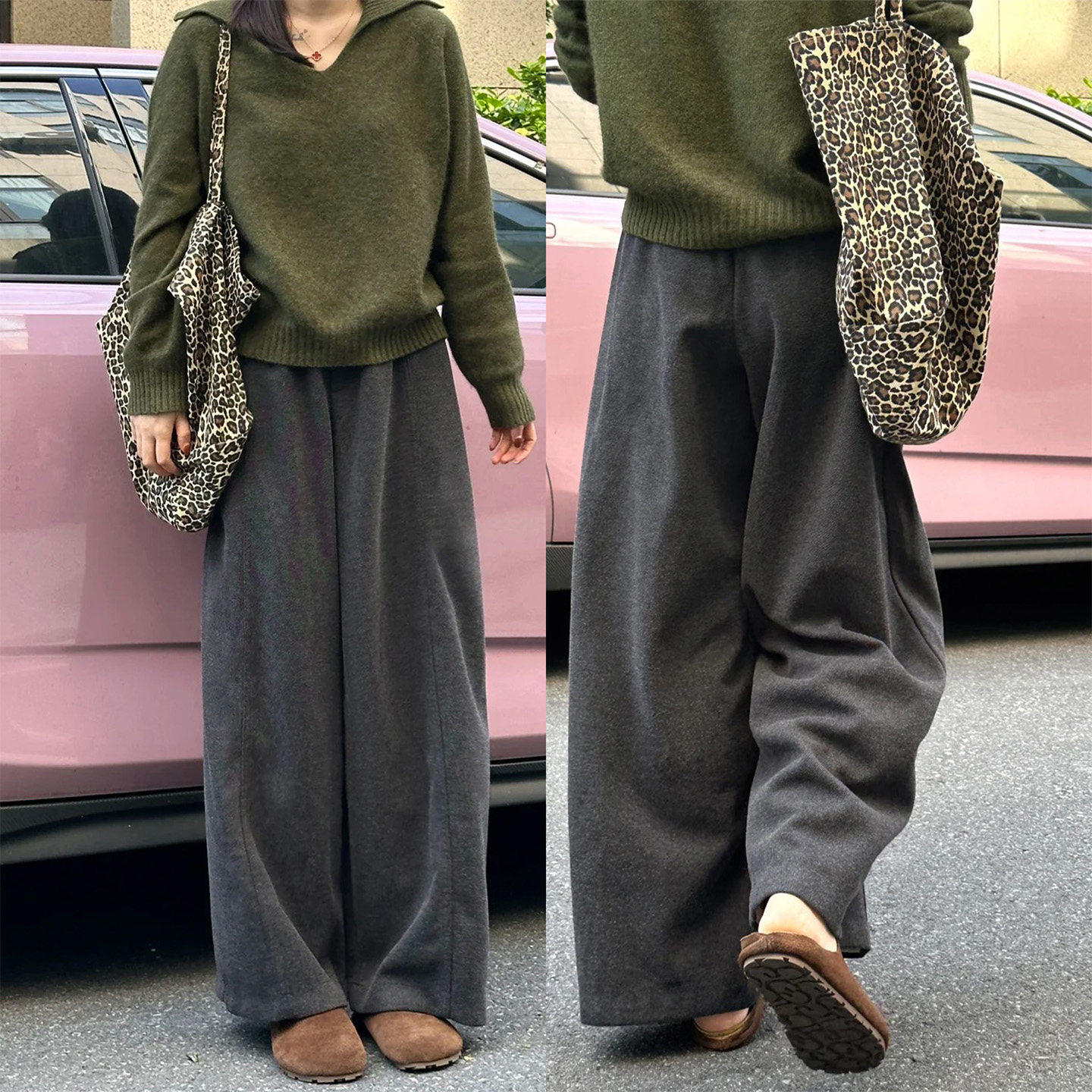 慵懒风深灰色毛呢休闲裤女秋冬加绒大尺码胖mm宽松垂感直筒宽裤子