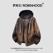 罗宾汉 防风外套 冬季 ROBINHOOD美式 复古假两件连帽麂皮绒夹克男款