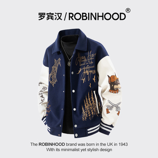 罗宾汉/ROBINHOOD重工刺绣秋冬夹克男美式街头飞行员棒球服外套