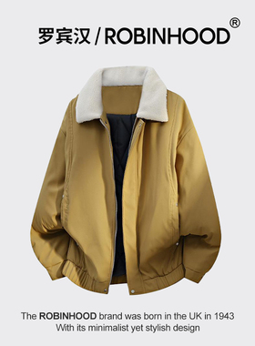 罗宾汉/ROBINHOOD冬季新款撞色羊羔毛翻领棉服男款加厚保暖外套
