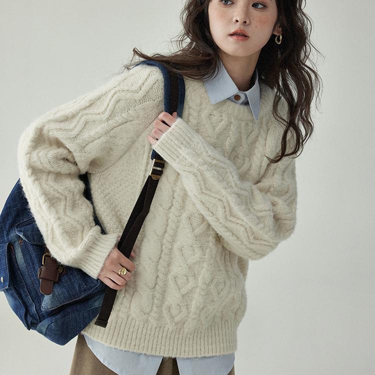 「北岛AMUU」纯色圆领宽松麻花毛衣秋冬温柔软糯加厚套头内搭上衣
