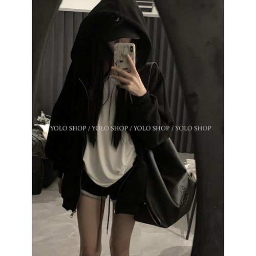 YOLO SHOP店主挚爱  慵懒风宽松连帽卫衣开衫外套女春夏重磅上衣