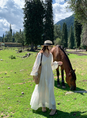 EVNSTYLE “风铃絮语”秋季长款天丝花朵刺绣度假风长袖连衣裙女