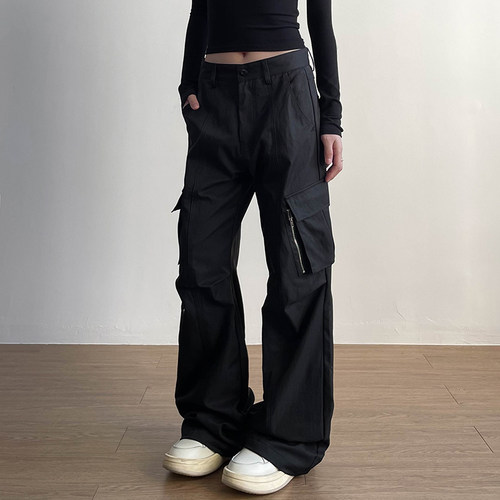 Apocket美式复古褶皱多口袋工装裤女新款宽松直筒速干休闲长裤子