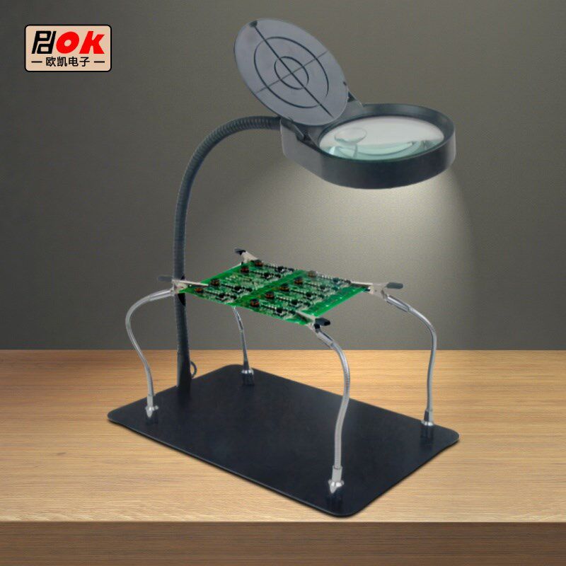 PDOK夹台式电路板维修用放大镜带LED灯工作台固定万向支架工业电