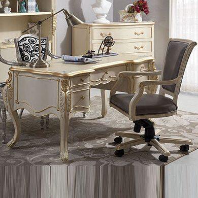 欧式书桌 书房实木写字台 米色描金书桌椅 别墅奢华大班桌 定制