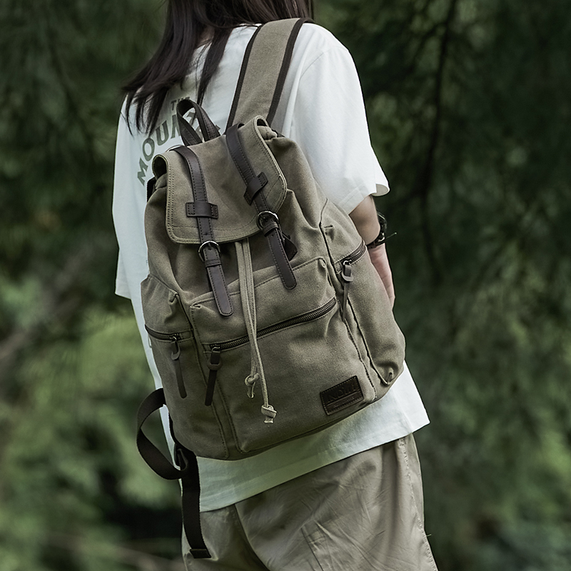 双肩包女复古出行登山旅行帆布y包大学生时尚潮流大容量电脑背包