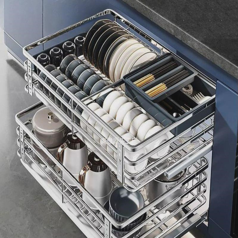 升级版拉篮厨房橱柜304不w锈钢双层抽屉式碗架碗碟碗柜厨柜碗篮