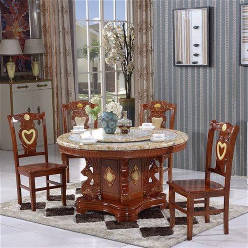 大理石圆b形餐桌椅实木圆桌饭桌组合中式家用大理石吃饭桌子带转